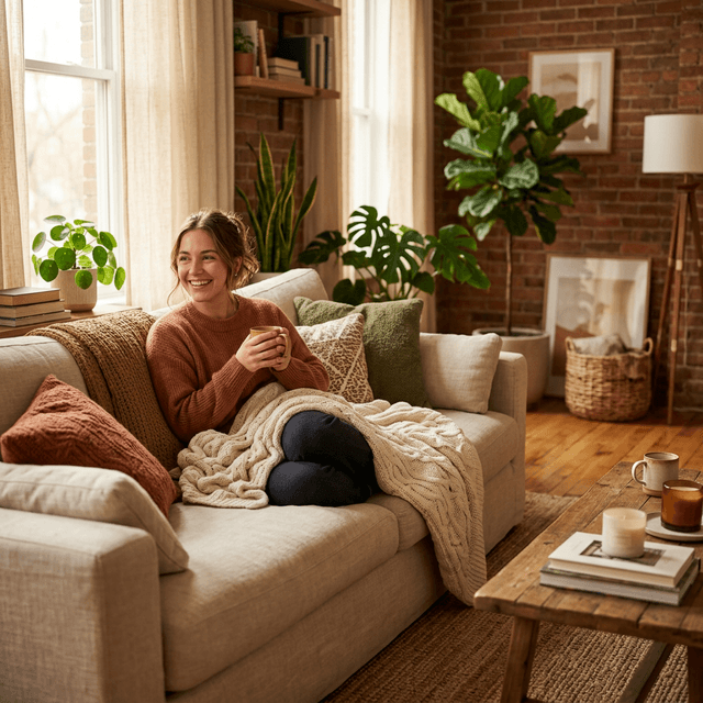 Mujer disfrutando de su hogar acogedor